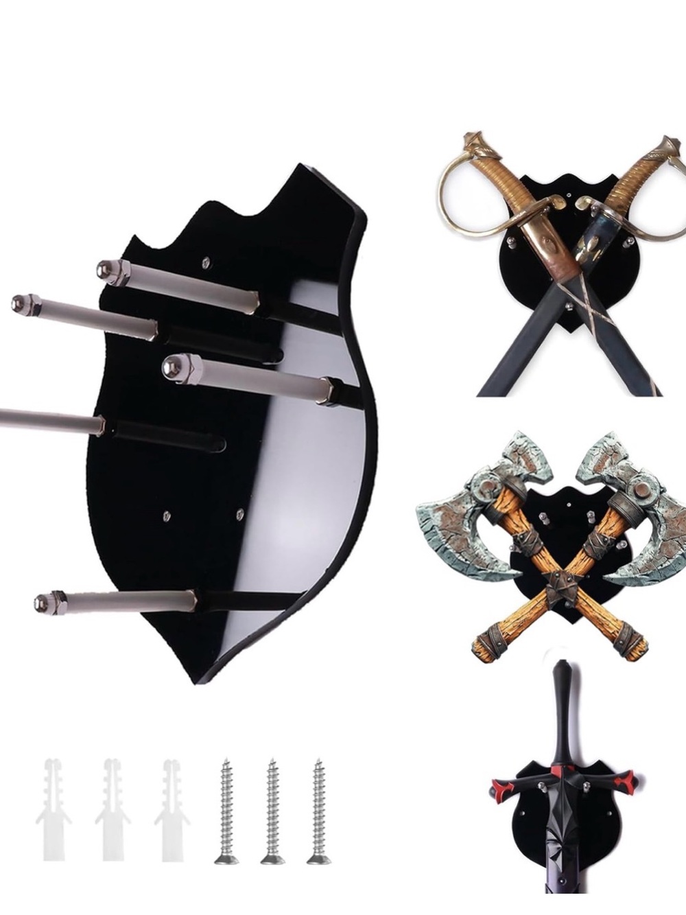 Black Wall-Mount Sword Display Rack with Metal Pegs